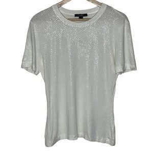 St. John Caviar Embellished T-Shirt Top Sparkle White Petite
